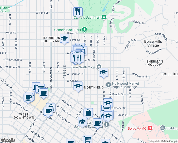 map of restaurants, bars, coffee shops, grocery stores, and more near 1119 West Alturas Street in Boise