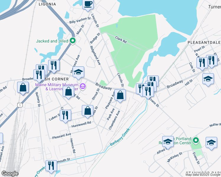 map of restaurants, bars, coffee shops, grocery stores, and more near 1215 Broadway in South Portland