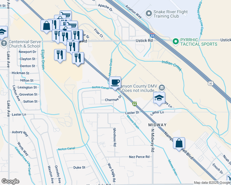 map of restaurants, bars, coffee shops, grocery stores, and more near 5720 Cleveland Boulevard in Caldwell