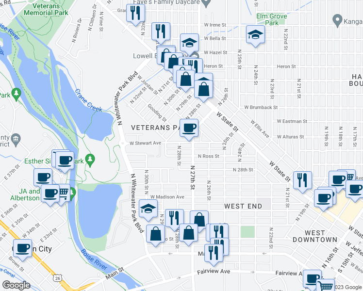 map of restaurants, bars, coffee shops, grocery stores, and more near 2731 West Stewart Avenue in Boise