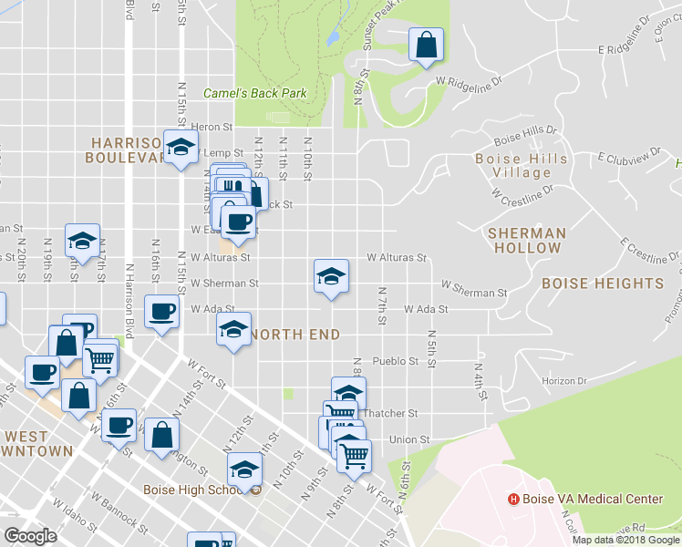 map of restaurants, bars, coffee shops, grocery stores, and more near 1608 North 9th Street in Boise