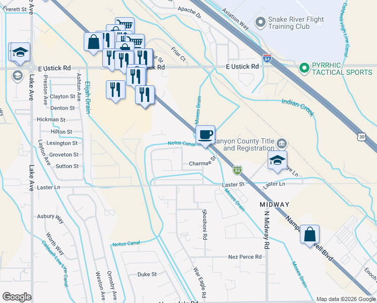 map of restaurants, bars, coffee shops, grocery stores, and more near 4605 Catherine Avenue in Caldwell