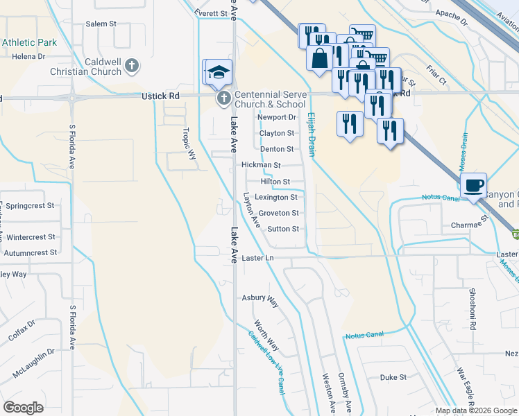 map of restaurants, bars, coffee shops, grocery stores, and more near 3801 Groveton Street in Caldwell