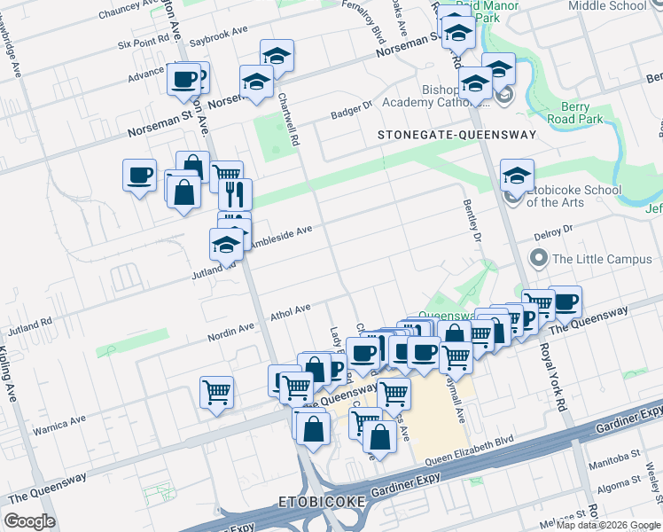 map of restaurants, bars, coffee shops, grocery stores, and more near 78 Edgecroft Road in Toronto