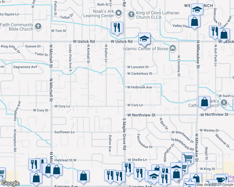 map of restaurants, bars, coffee shops, grocery stores, and more near 2659 North Maple Grove Road in Boise