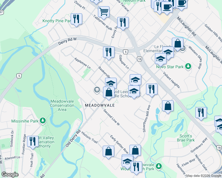 map of restaurants, bars, coffee shops, grocery stores, and more near 7009 Lessard Lane in Mississauga