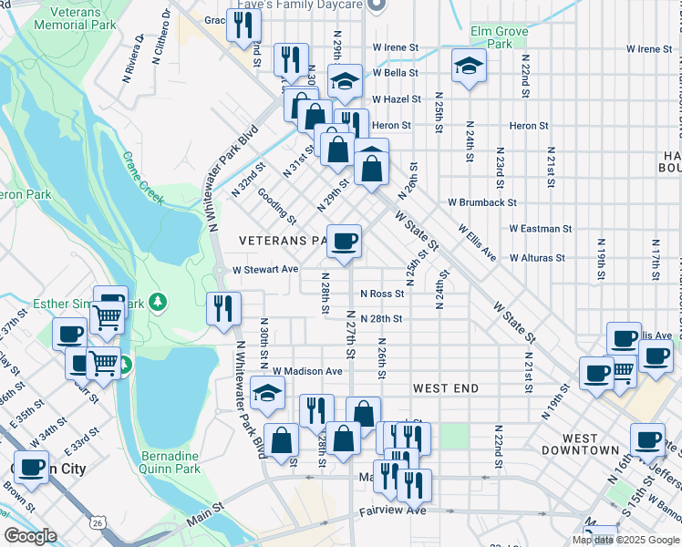 map of restaurants, bars, coffee shops, grocery stores, and more near 2731 West Stewart Avenue in Boise