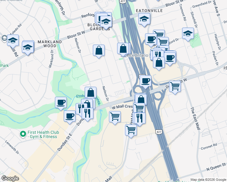 map of restaurants, bars, coffee shops, grocery stores, and more near 18 Terryellen Crescent in Toronto