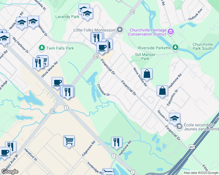 map of restaurants, bars, coffee shops, grocery stores, and more near 49 Mediterranean Crescent in Brampton