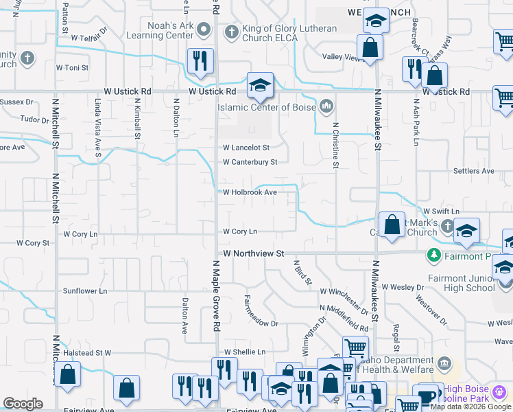 map of restaurants, bars, coffee shops, grocery stores, and more near 8809 West Holbrook Avenue in Boise