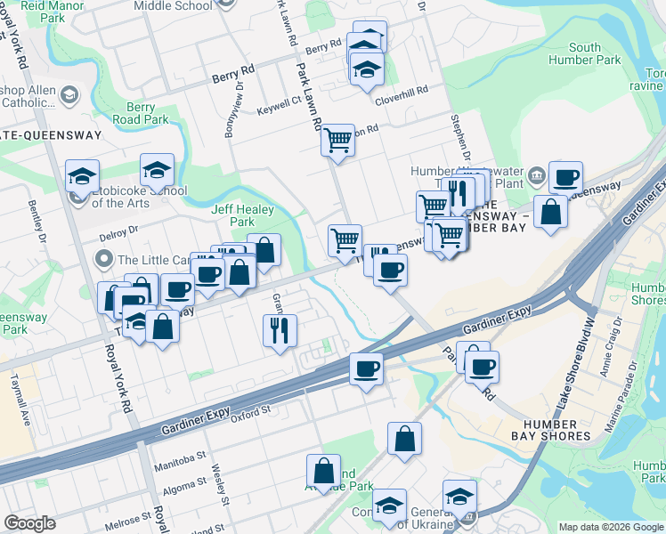 map of restaurants, bars, coffee shops, grocery stores, and more near 580 The Queensway in Toronto