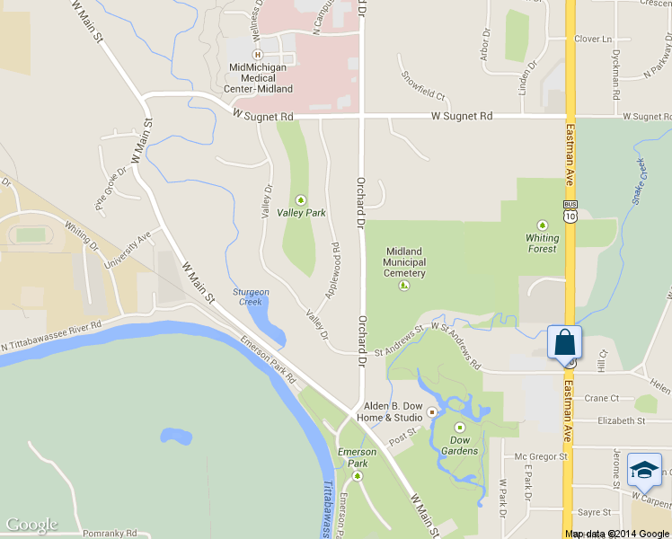 map of restaurants, bars, coffee shops, grocery stores, and more near 3707 Applewood Road in Midland