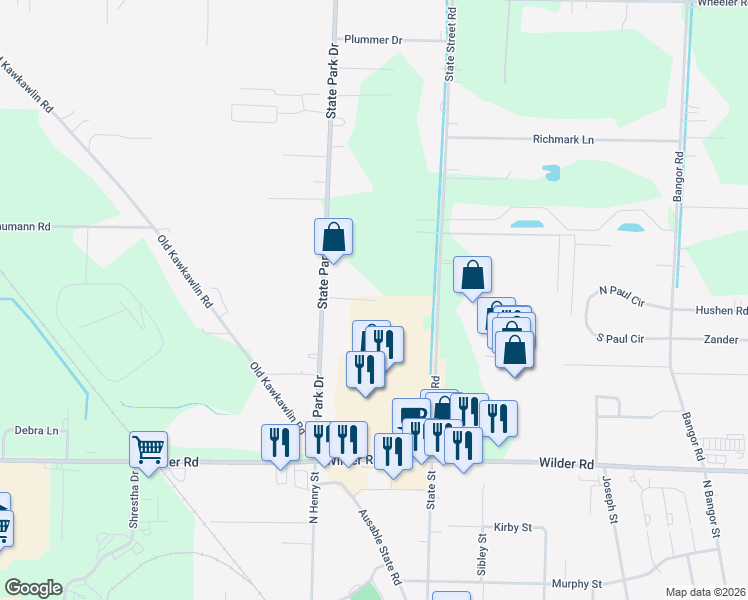 map of restaurants, bars, coffee shops, grocery stores, and more near 3999 Ferris Drive in Bay City