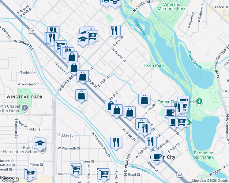 map of restaurants, bars, coffee shops, grocery stores, and more near 128 39th Street East in Boise