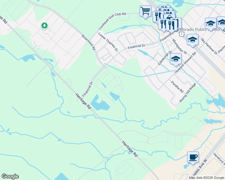 map of restaurants, bars, coffee shops, grocery stores, and more near 15 Rolling Rock Way in Brampton