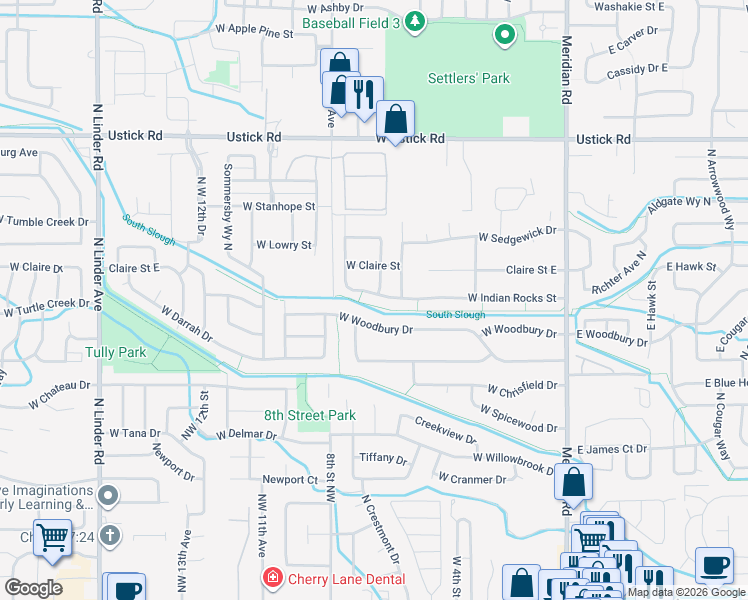map of restaurants, bars, coffee shops, grocery stores, and more near 649 West Indian Rocks Street in Meridian