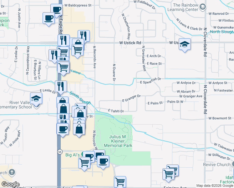 map of restaurants, bars, coffee shops, grocery stores, and more near 2630 North Duane Drive in Meridian