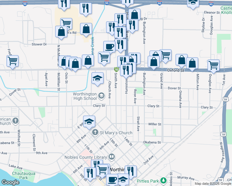 map of restaurants, bars, coffee shops, grocery stores, and more near Smith Avenue in Worthington