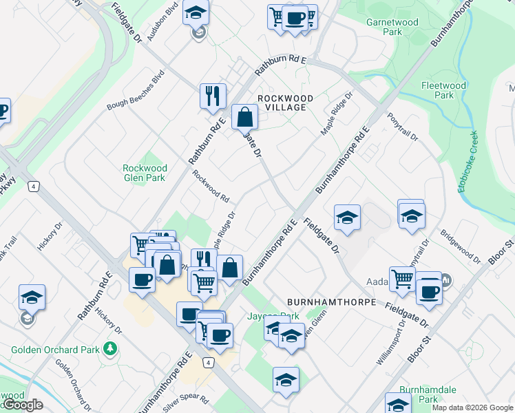 map of restaurants, bars, coffee shops, grocery stores, and more near 1629 Dewberry Crescent in Mississauga