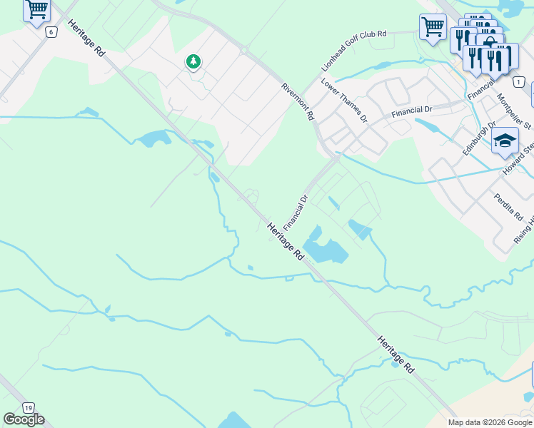 map of restaurants, bars, coffee shops, grocery stores, and more near 8555 Heritage Road in Brampton