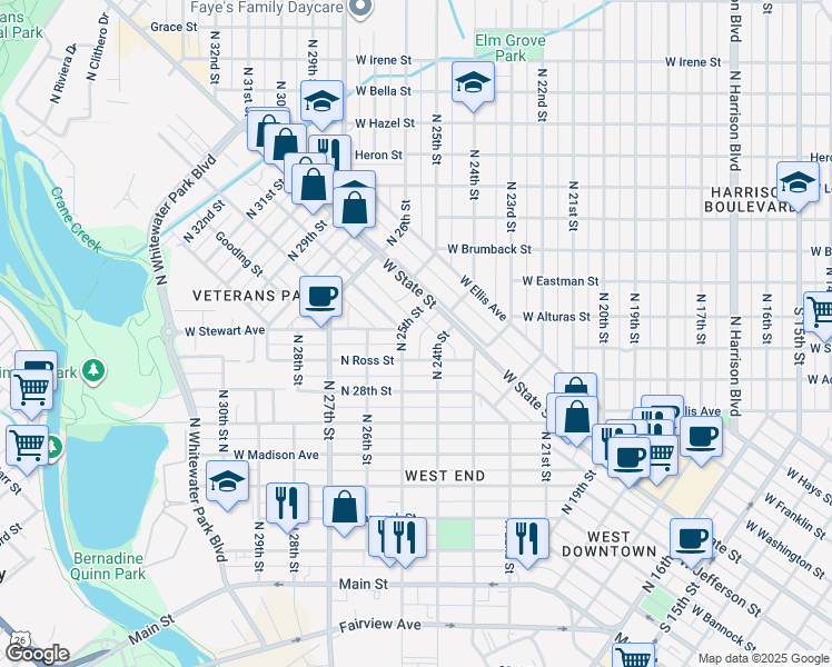 map of restaurants, bars, coffee shops, grocery stores, and more near 2411 West State Street in Boise
