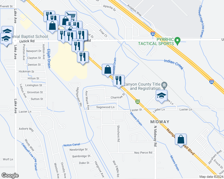 map of restaurants, bars, coffee shops, grocery stores, and more near 5720 Cleveland Boulevard in Caldwell