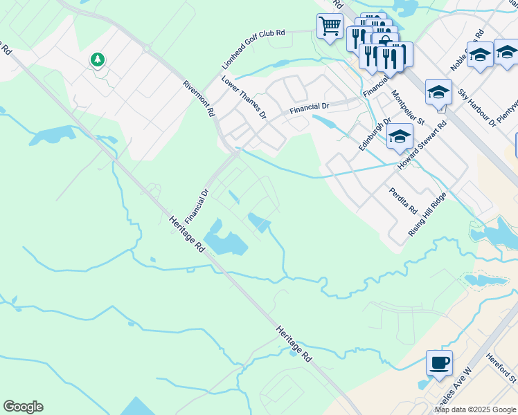 map of restaurants, bars, coffee shops, grocery stores, and more near 6 Rolling Rock Way in Brampton