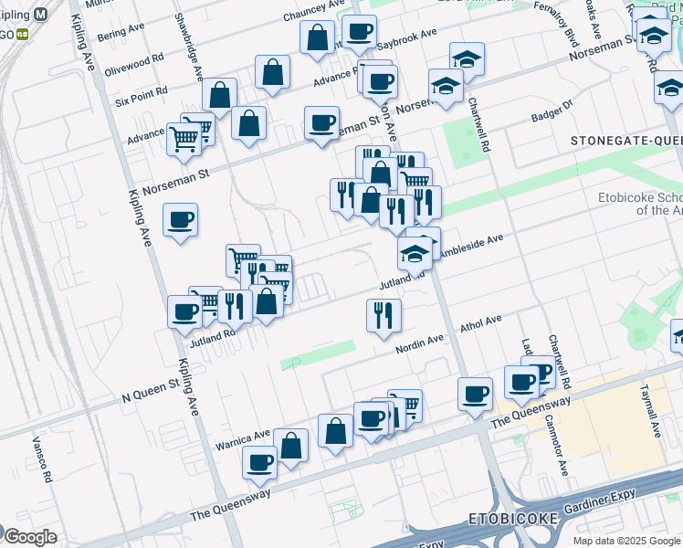 map of restaurants, bars, coffee shops, grocery stores, and more near in Toronto