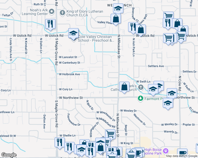 map of restaurants, bars, coffee shops, grocery stores, and more near 8413 West Holbrook Court in Boise