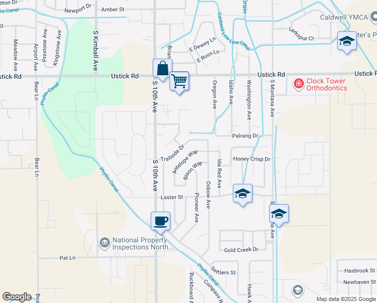 map of restaurants, bars, coffee shops, grocery stores, and more near 723 Antelope Way in Caldwell