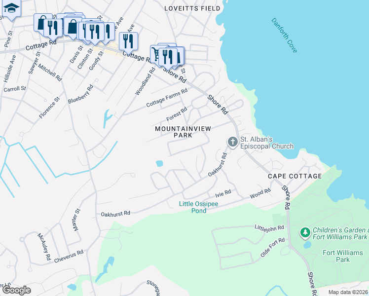 map of restaurants, bars, coffee shops, grocery stores, and more near 76 Stonybrook Road in Cape Elizabeth