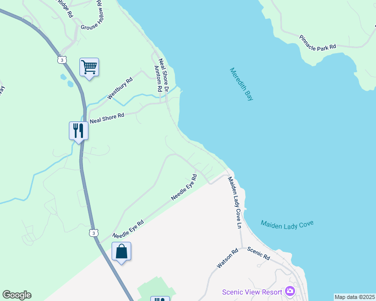 map of restaurants, bars, coffee shops, grocery stores, and more near 70 Needle Eye Road in Meredith