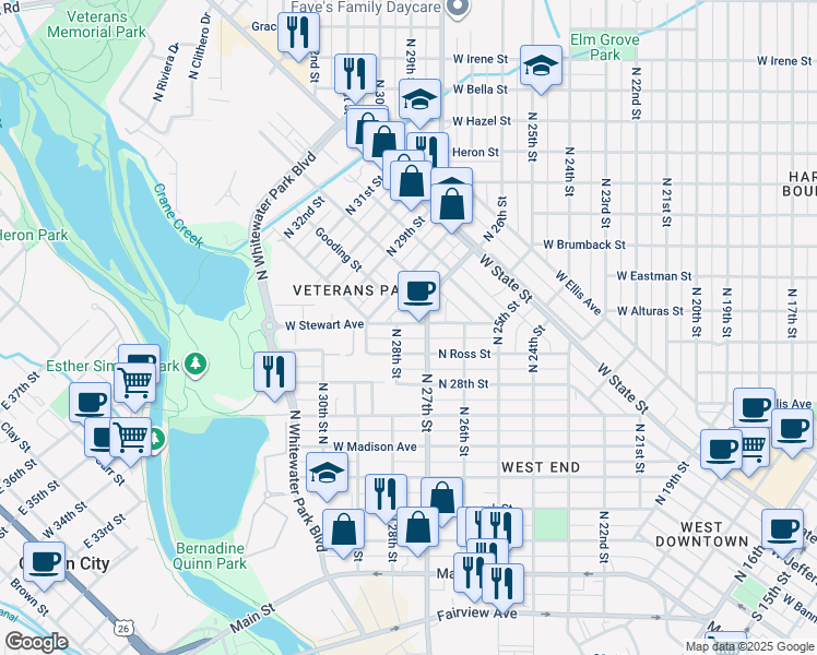 map of restaurants, bars, coffee shops, grocery stores, and more near 2775 West Stewart Avenue in Boise