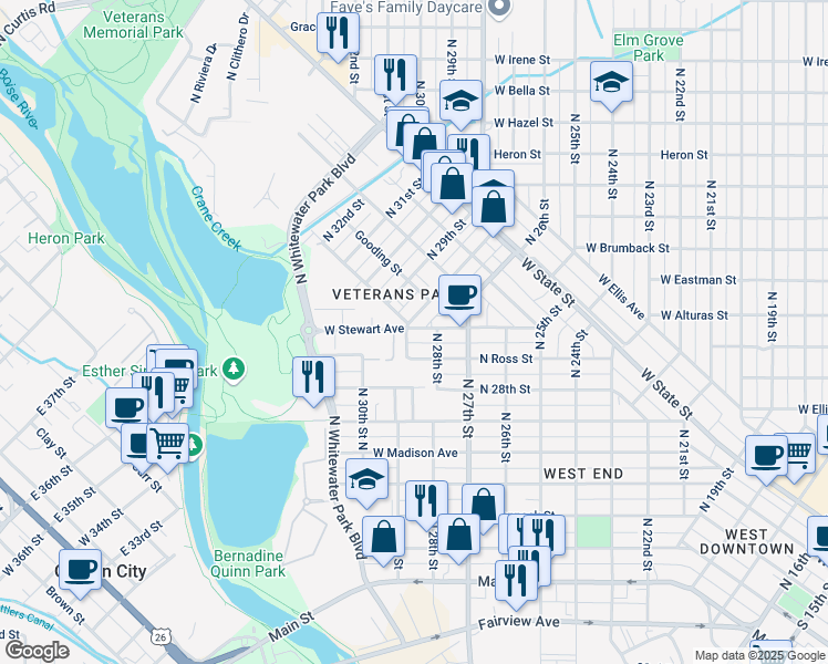 map of restaurants, bars, coffee shops, grocery stores, and more near 2810 West Stewart Avenue in Boise