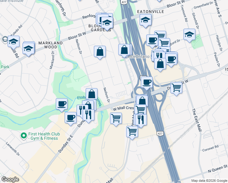 map of restaurants, bars, coffee shops, grocery stores, and more near 18 Terryellen Crescent in Toronto