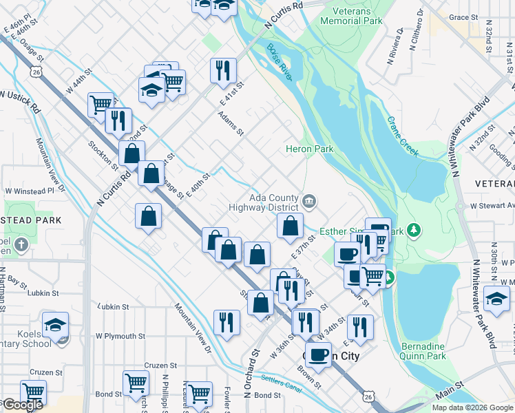 map of restaurants, bars, coffee shops, grocery stores, and more near 3949 Zinnia Street in Boise