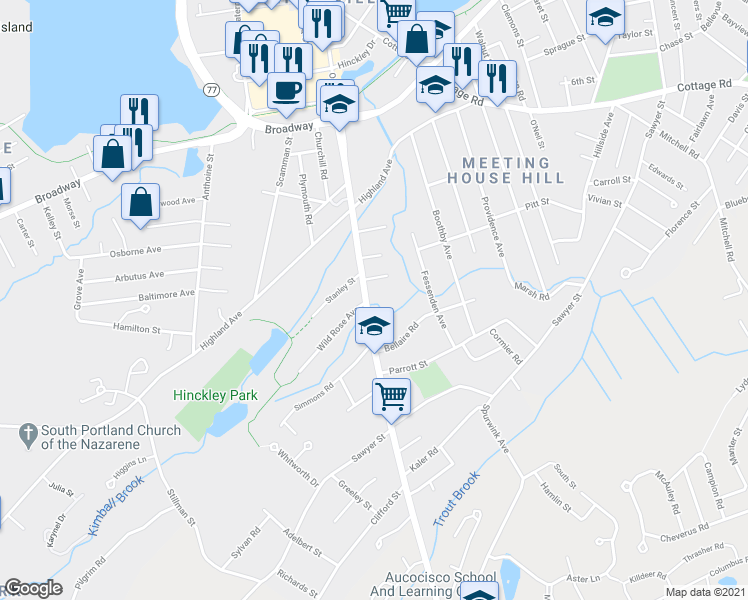 map of restaurants, bars, coffee shops, grocery stores, and more near 388 Ocean Street in South Portland