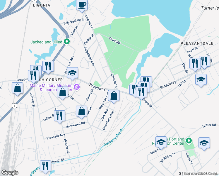 map of restaurants, bars, coffee shops, grocery stores, and more near 1215 Broadway in South Portland