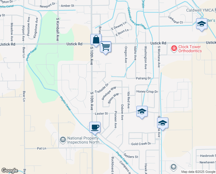 map of restaurants, bars, coffee shops, grocery stores, and more near 616 Timothy Street in Caldwell