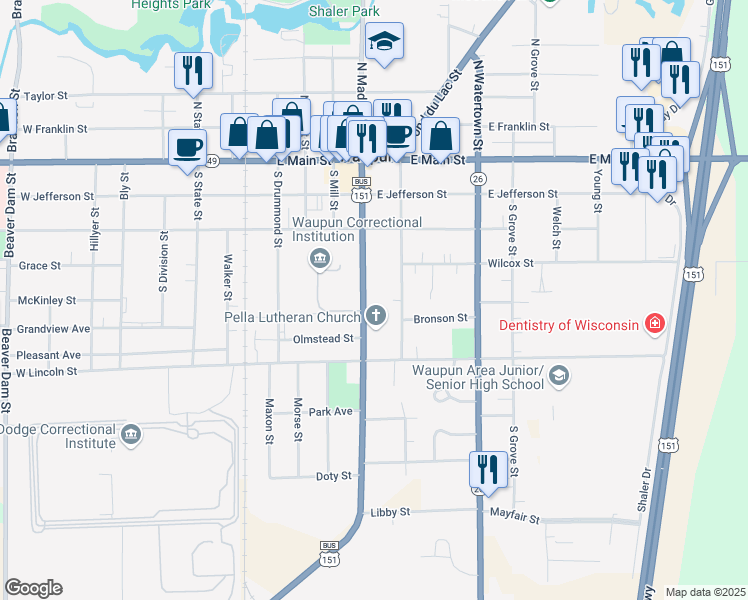 map of restaurants, bars, coffee shops, grocery stores, and more near 259 South Madison Street in Waupun