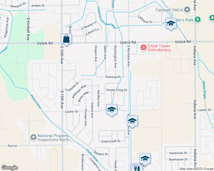 map of restaurants, bars, coffee shops, grocery stores, and more near 1010 Empire Drive in Caldwell