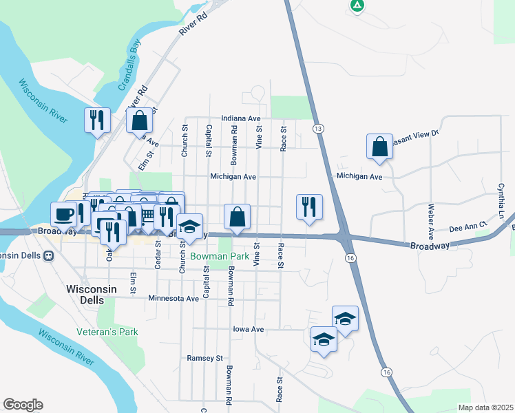 map of restaurants, bars, coffee shops, grocery stores, and more near 902 Vine Street in Wisconsin Dells