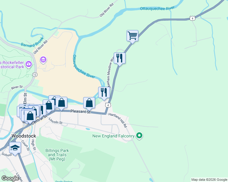 map of restaurants, bars, coffee shops, grocery stores, and more near 462 Woodstock Road in Woodstock