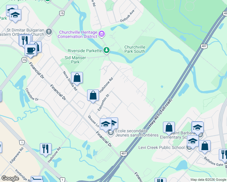map of restaurants, bars, coffee shops, grocery stores, and more near 1 McNutt Street in Brampton