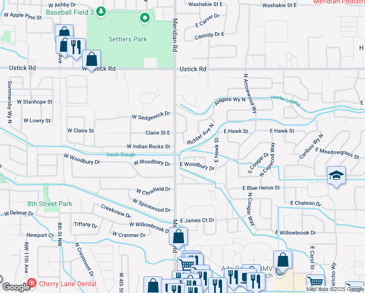 map of restaurants, bars, coffee shops, grocery stores, and more near 73 East Ryegate Drive in Meridian