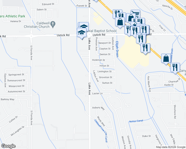map of restaurants, bars, coffee shops, grocery stores, and more near 4706 Layton Avenue in Caldwell