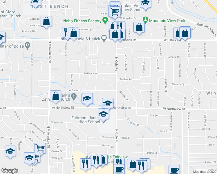 map of restaurants, bars, coffee shops, grocery stores, and more near 7479 West Holbrook Lane in Boise