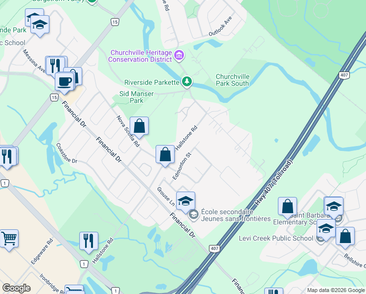 map of restaurants, bars, coffee shops, grocery stores, and more near 1593 Hallstone Road in Brampton