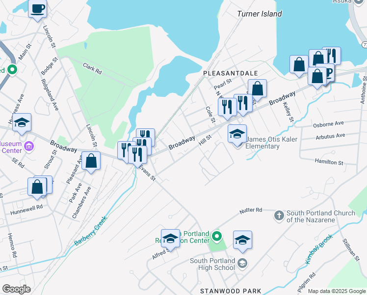 map of restaurants, bars, coffee shops, grocery stores, and more near 1024 Broadway in South Portland