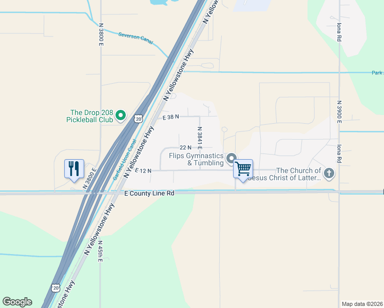 map of restaurants, bars, coffee shops, grocery stores, and more near 3836 East 22 North in Rigby